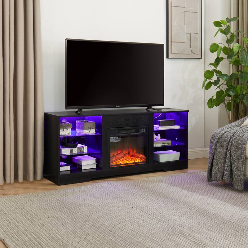 TV Stand Electric Fireplace Glass Shelves, 3D Fireplace TV Stand with LED Lights Wood with USB Charging Outlet