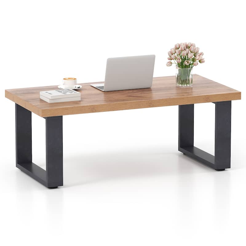 Rustic Modern Coffee Table with Thickened Oak Top and Black Frame Engineered Wood Living Room Center Table 47 x 23
