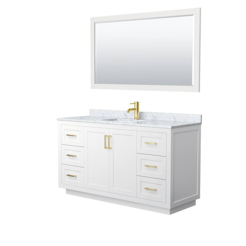 Miranda Bathroom Vanity Set, White Carrara Marble Top, 58-Inch Mirror - 60-Inch Single - White, Gold Trim, White Carrara Marble Top
