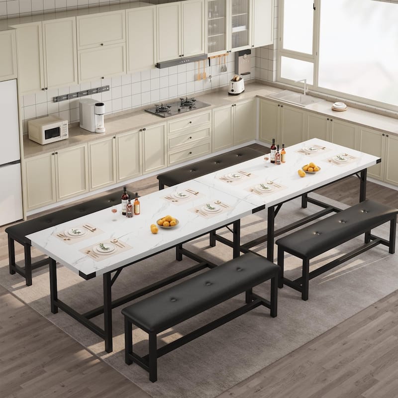 Dining Table Set for 4-6, 63" Extendable Wood Dining Room Table with Corner Protector & 2 Upholstered Benches