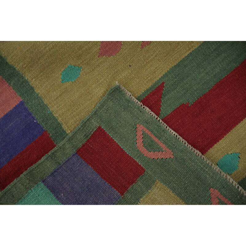 Hand Woven Oriental 100% Wool Carpet Southwestern Tribal Green Kilim Runner Rug - 11' 8'' X 4' 0''