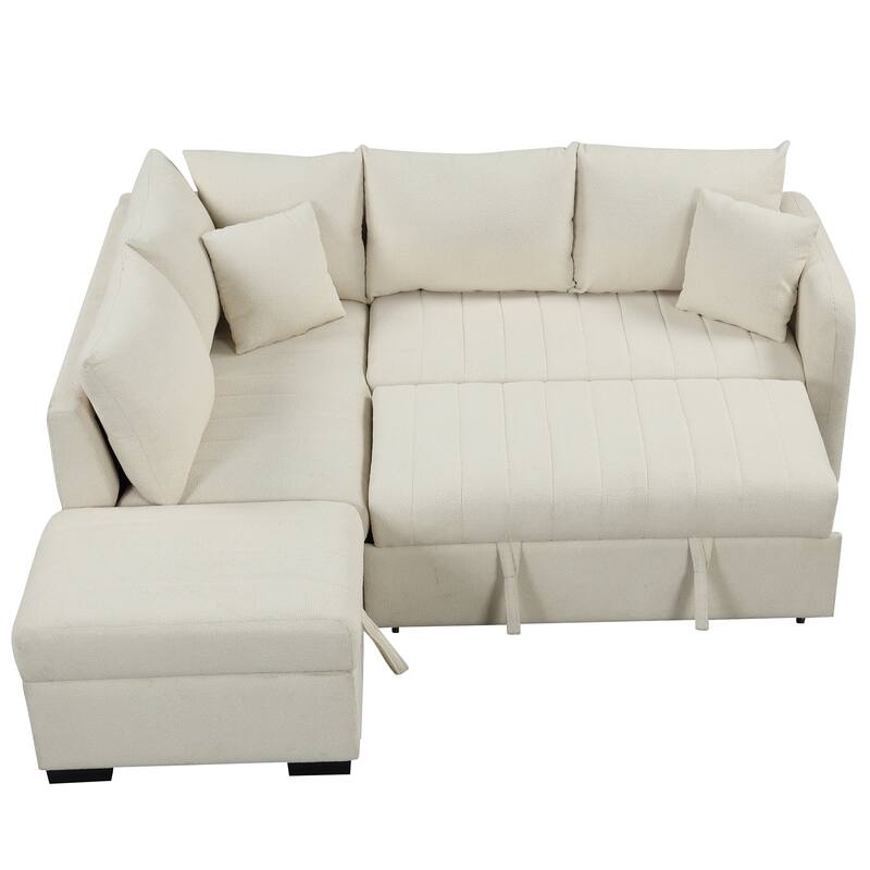 L-Shaped Sectional Sofa with Pull Out Sofa Bed & Storage Ottoman, Convertible Sleeper Sofa with USB Ports & Power Sockets
