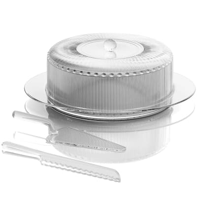 Elle Decor Acrylic 4 Piece Cake Serving Set Cake Stand Ribbed Dome Cover - 10.5"