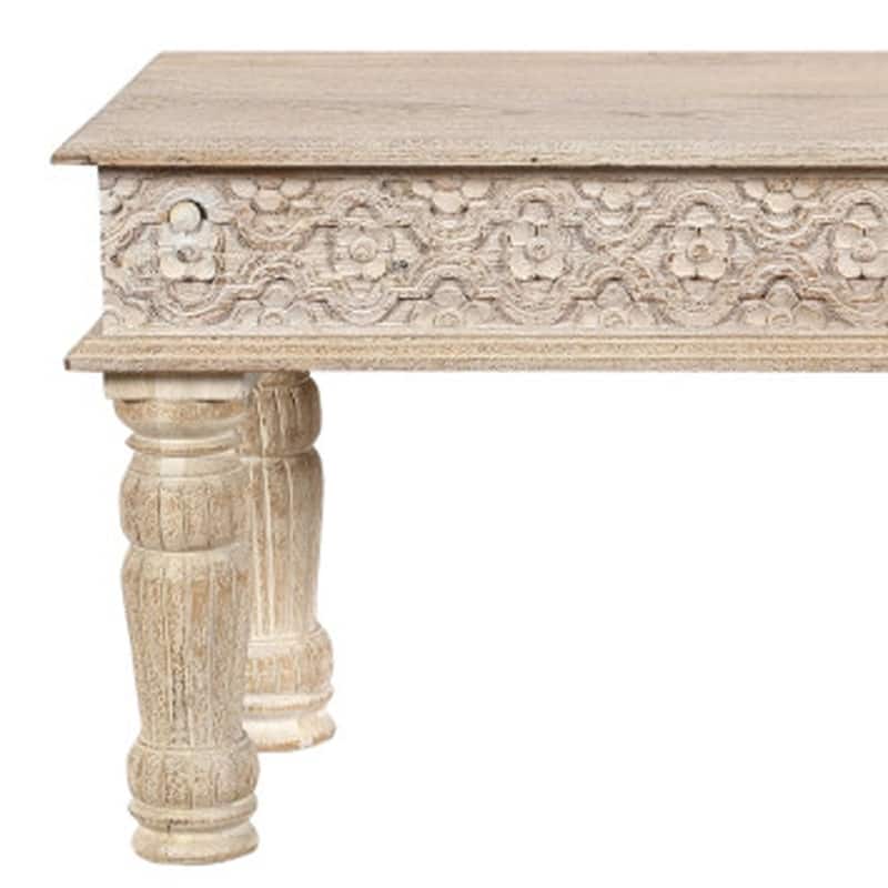 HomeRoots 58" White Floral Distressed Solid Wood Dining Bench - 58.00 in. x 18.00 in. x 16.00 in.