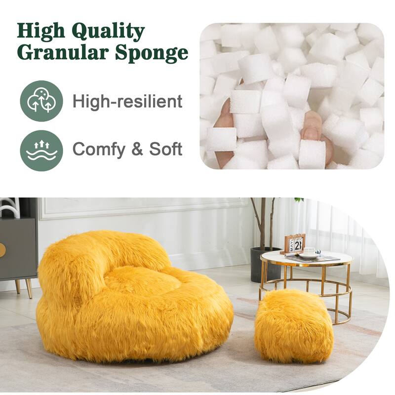 Plush Upholstered Round Comfort Lounger Bean Bag Chair with Ottoman