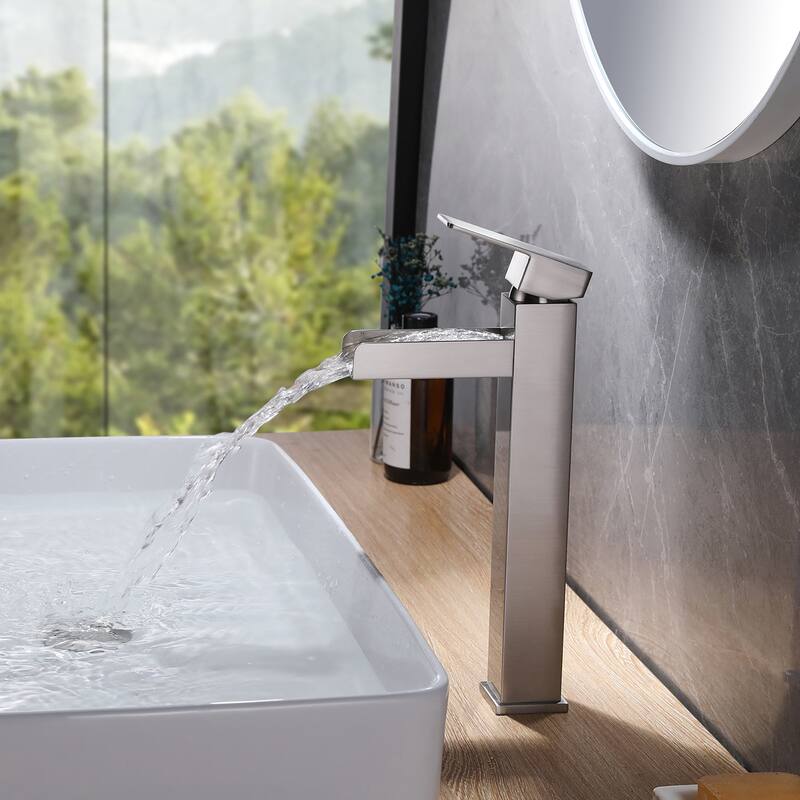 Single Handle Square Tall Waterfall Bathroom Sink Faucet - Brushed Nickel