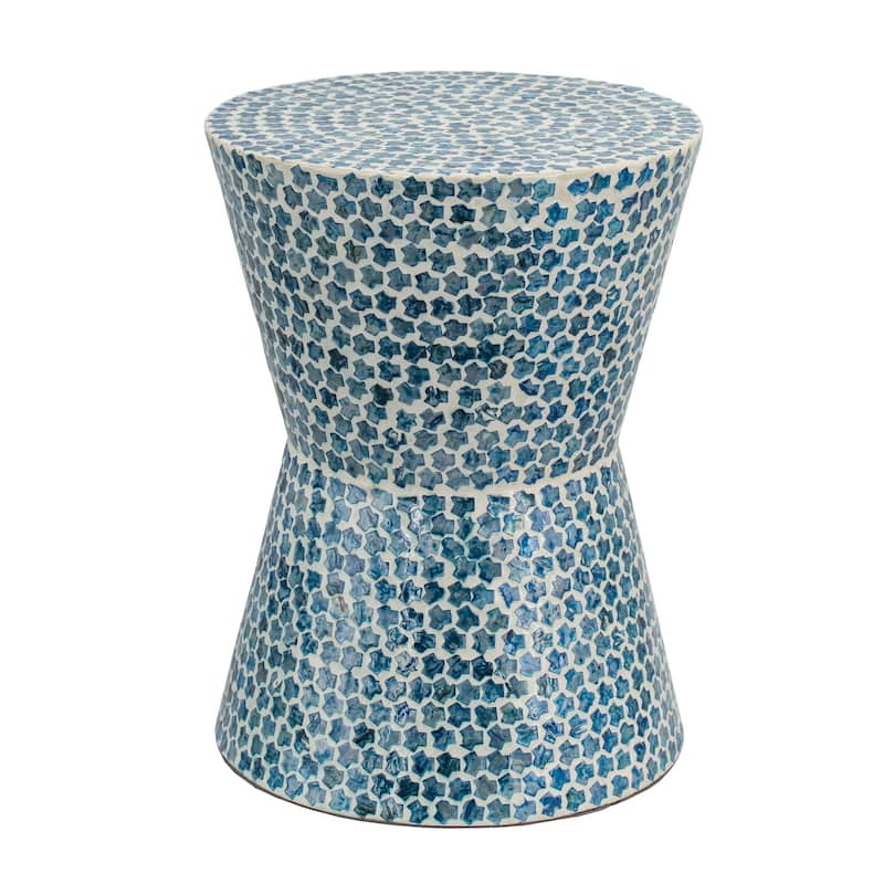 Ivy 20 Inch Luxury Accent Table Stool, Mosaic Tile Pattern, White, Blue