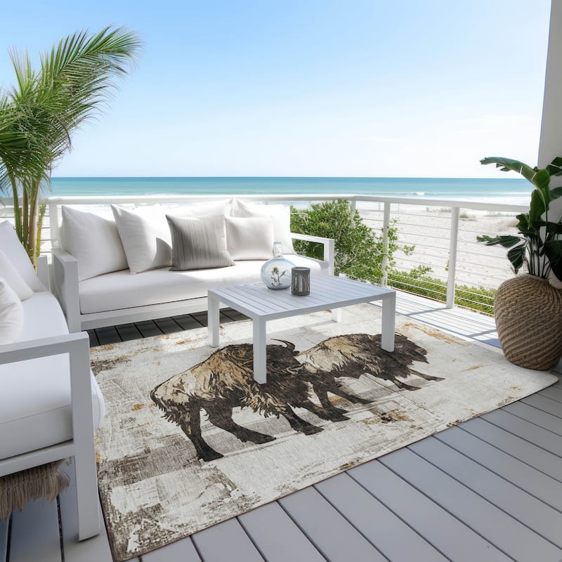 Machine Washable Indoor/ Outdoor Modern Buffalo Chantille Rug
