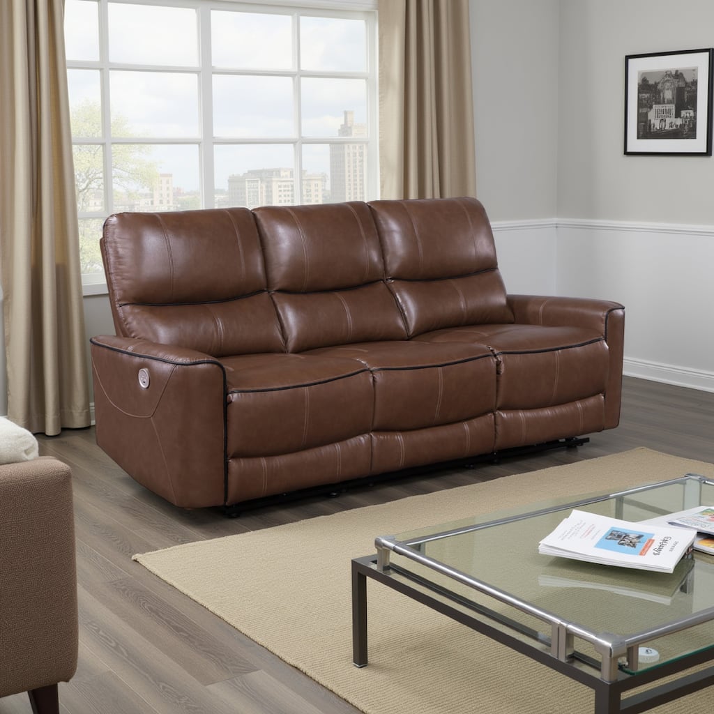 Lima Power Recliner Sofa, Brown Faux Leather, USB Port, Cushions, 83 Inch
