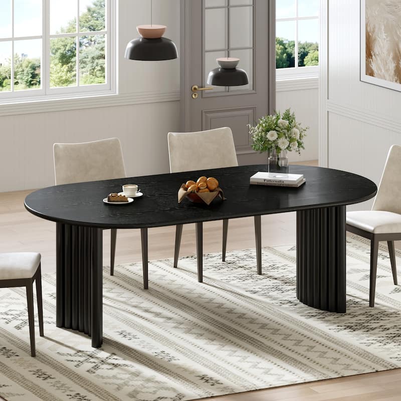 Oval Dining Table with Arc-Shaped Edge Top and Stripes Base Modern Farmhouse Kitchen Table for Living Room Dining Room - 67 in.L x 33.5 in.W - Black