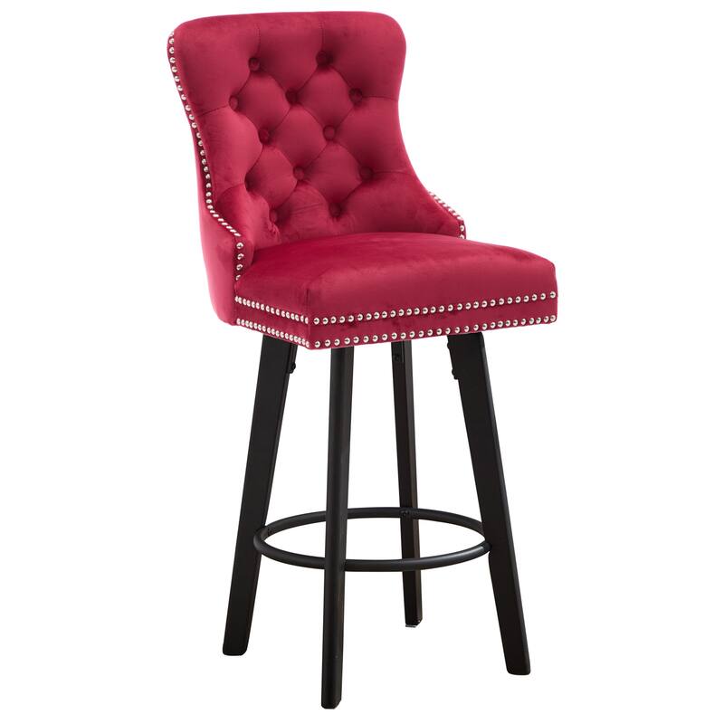 Modern Swivel Bar Stools, Velvet with Button Tufting & Rivet Trim, Large Backrest & Sturdy Footrest for Kitchen Island