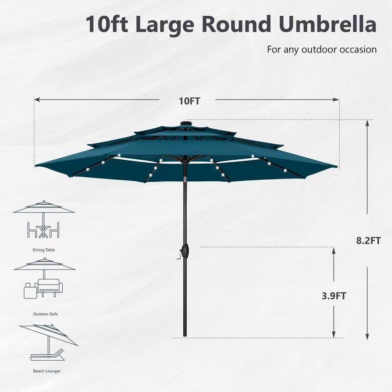 MAISON ARTS 10ft 3 Tier Auto-tilt Patio Umbrella Outdoor Double Vented Umbrella with LED Lights