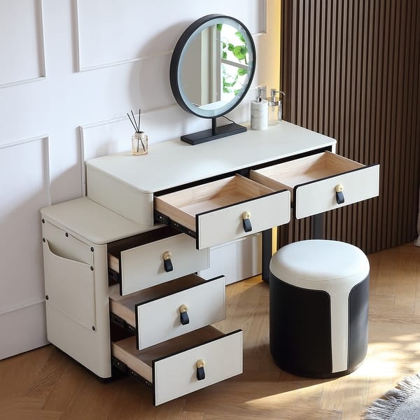 FUKAYI Faux Saddle Leather Makeup Vanity Desk Set with 5 Drawers & Side Storage Bag Dressing Table with Lighted Mirror - Bed Bath & Beyond
