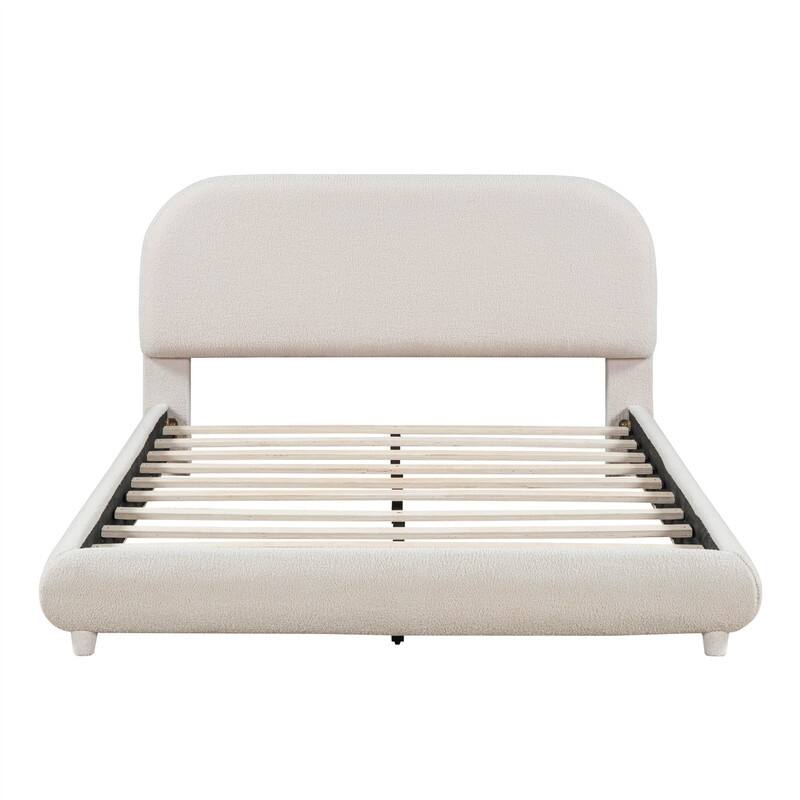 Full/Queen Size Teddy Fleece Upholstered Bed with Thick Fabric, Platform Bed Frame with Headboard & Stylish Curve-shaped Design
