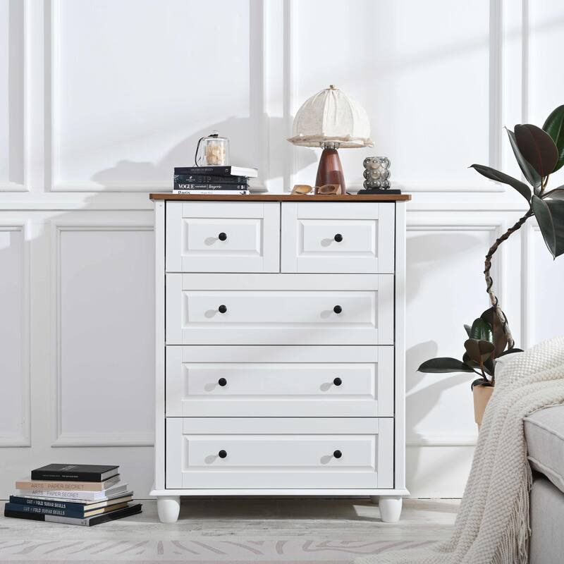 White Dresser with 5 Drawers, Tall Chest of Drawers, 5 Drawer Dresser with Deep Space - White