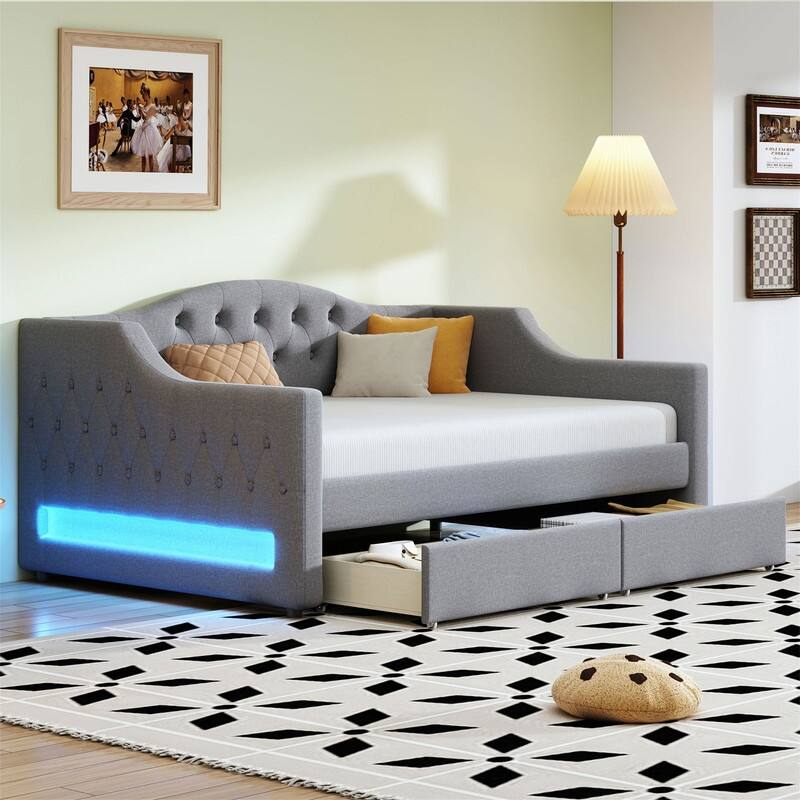 Twin XL Size Daybed with LED Belt and 2 Storage Drawers, Upholstered Daybed Frame Sofa Bed with Slats Support for Bedroom