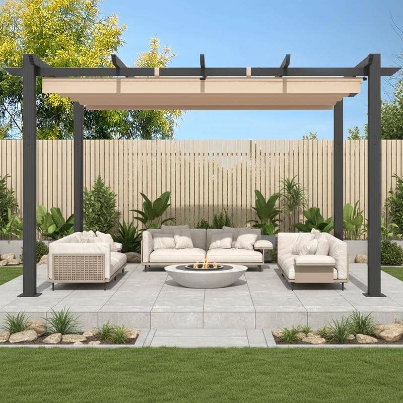 EROMMY 10' x 13' Outdoor Pergola with Retractable Canopy, Heavy-Duty Metal Frame and Adjustable Patio Shade Roof