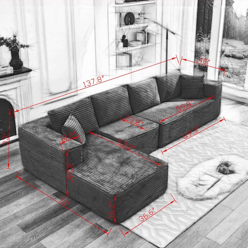 106" Corduroy Upholstery L-Shaped Cloud Modular Sectional Sofa with Chaise and Pillows, All-Foam Compression Design