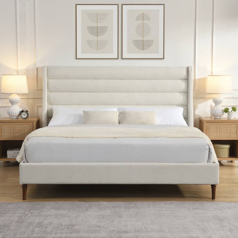 King Size Bed Frame High Headboard Upholstered Platform Bed