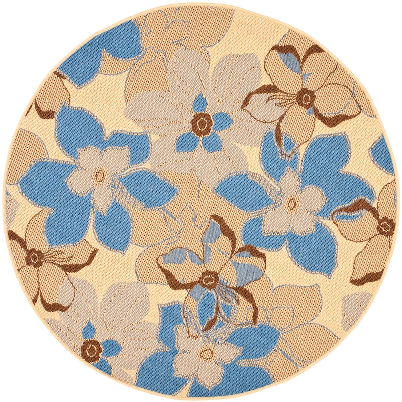 SAFAVIEH Courtyard Habiba Indoor/ Outdoor Waterproof Patio Backyard Rug - 5'3" Round - Natural Brown/Blue