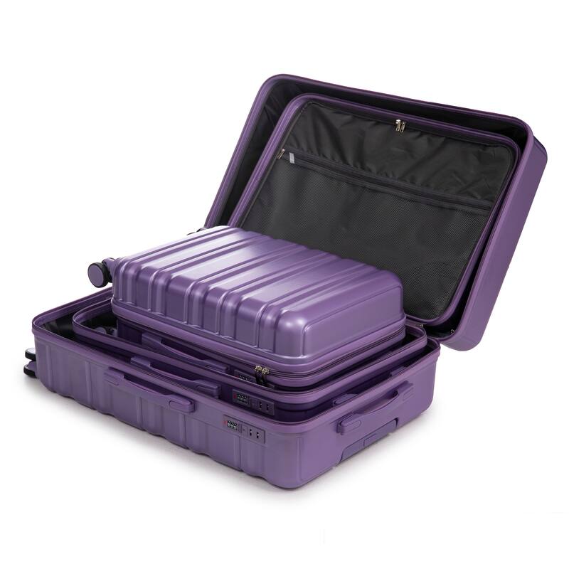 3 pcs/set in ABS Spinner Wheel Luggage, Carry on Suitcase, Matching Color, Combination Lock (Purple)