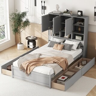 Full Size Platform Bed with Storage Headboard and 4 Drawers