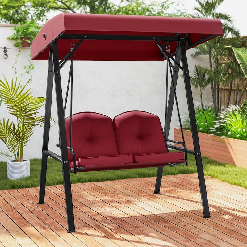 Costway 2-Person Outdoor Porch Swing Swing Loveseat with A-Shaped - See Details - Wine
