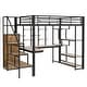 preview thumbnail 5 of 7, Full Size Loft Bed with Built-in Desk and Storage Staircase, Metal Kids Bed Frame with Small Wardrobe and Storage Shelves, Black