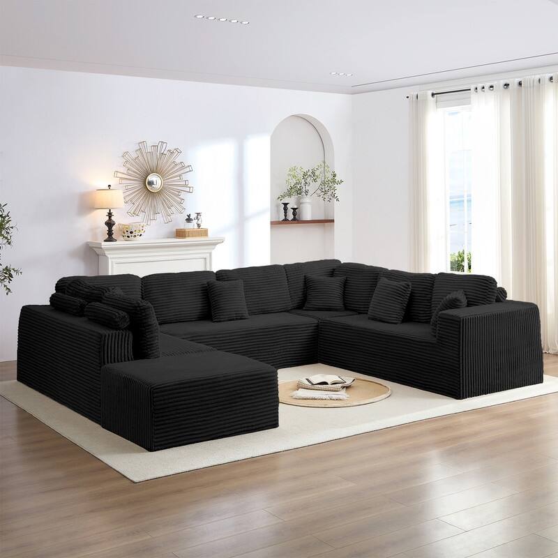 Mixoy 136"U-Shaped Modular Corduroy Sectional Sofa,7-Seater Deep Seats Sofa with Movable Ottoman - U-Shaped