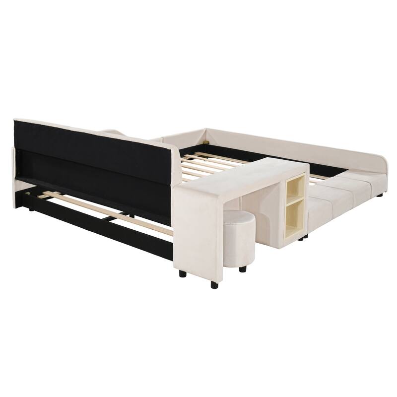 Full Size Upholstered Grounded Bed, Mother & Child Bed with Bedside Desk and Little Round Stool