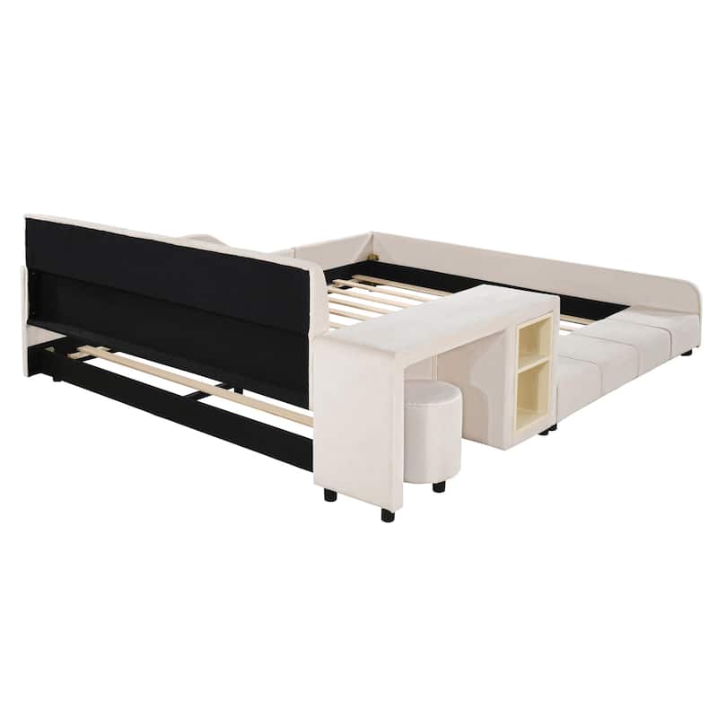 Queen Size Upholstered Grounded Bed, Mother & Child Bed with Bedside Desk and Little Round Stool, Velvet, Beige