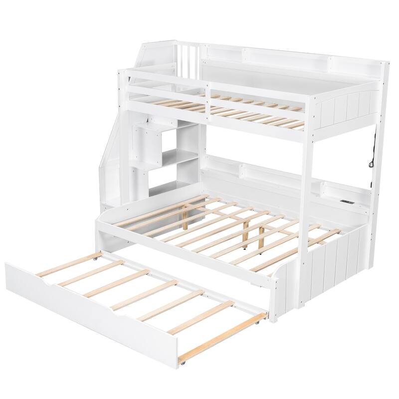 Twin over Full Bunk Bed with Storage Staircase - Trundle, Shelves, LED & USB for Kids Room