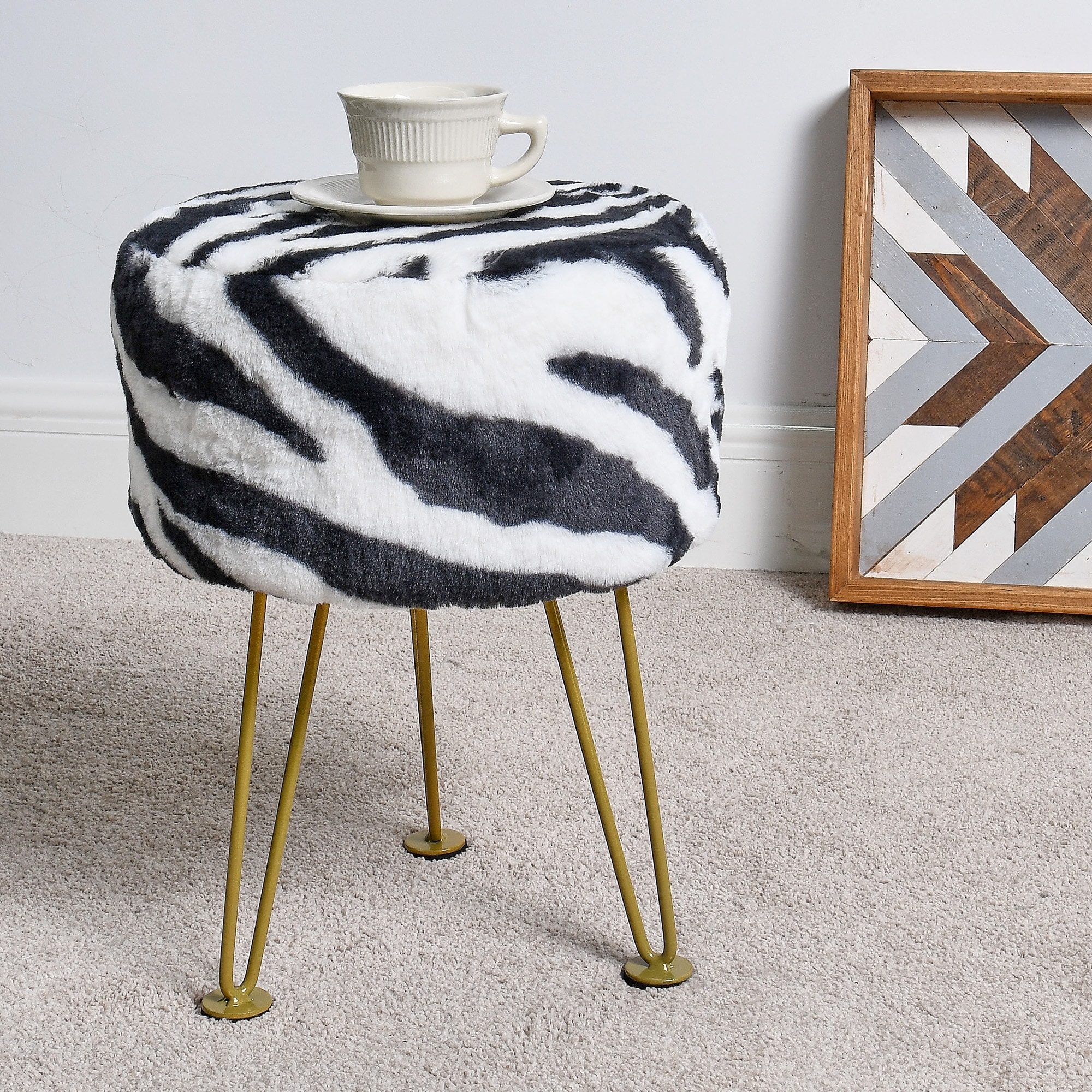 Home Soft Things Zebra Fauxfur Ottoman with Gold Metal Legs. - Picture 10 of 14