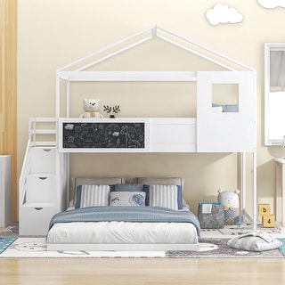 Twin Over Full House Bunk Bed w/Storage Staircase & Blackboard, White