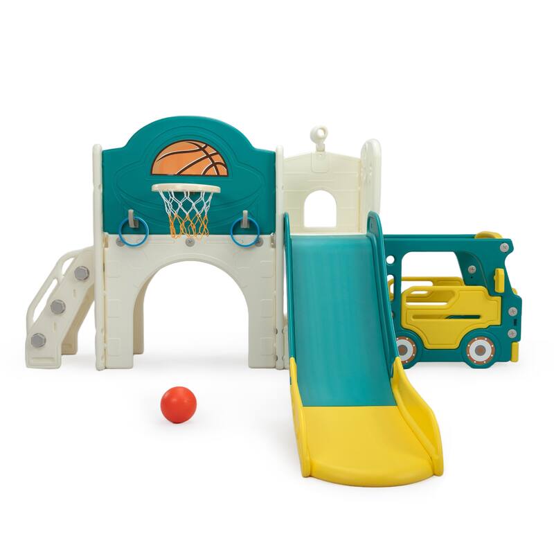 Bus-Themed 9-in-1 Kids Slide & Climbing Playset,Freestanding Castle Playhouse - Green+White+Yellow