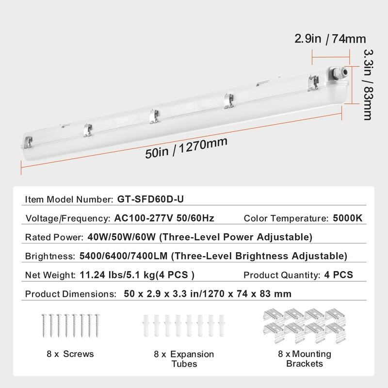 UIMOSO 4FT LED Vapor Tight Light for Parking Lot Warehouse Walk-In Freezer Car Wash - 4FT 5400/6400/7400LM Adjustable
