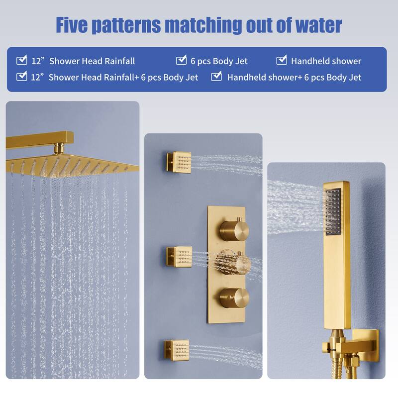 Thermostatic Shower System 3 Functions 12" Wall Mounted Fixed and Handheld Shower Head with 6 Body Jets and Rough-in Valve