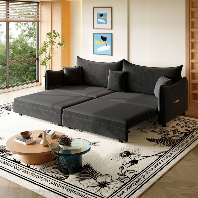 Convertible Sleeper Sofa Bed, Modern Velvet Loveseat Pull-Out Couch Bed, Oversized Love Seat Lounge Sofa with 3 Pillows