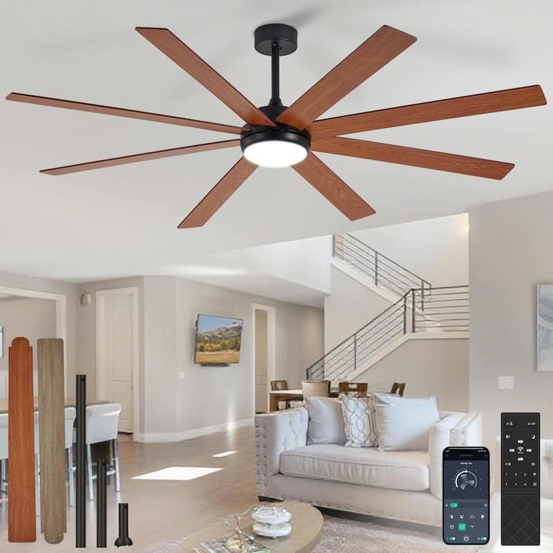 Large Ceiling Fan with Light - 8-Blade, Remote App Control, Dimmable 3CCT, Quiet DC Motor​, 66/72 Inches