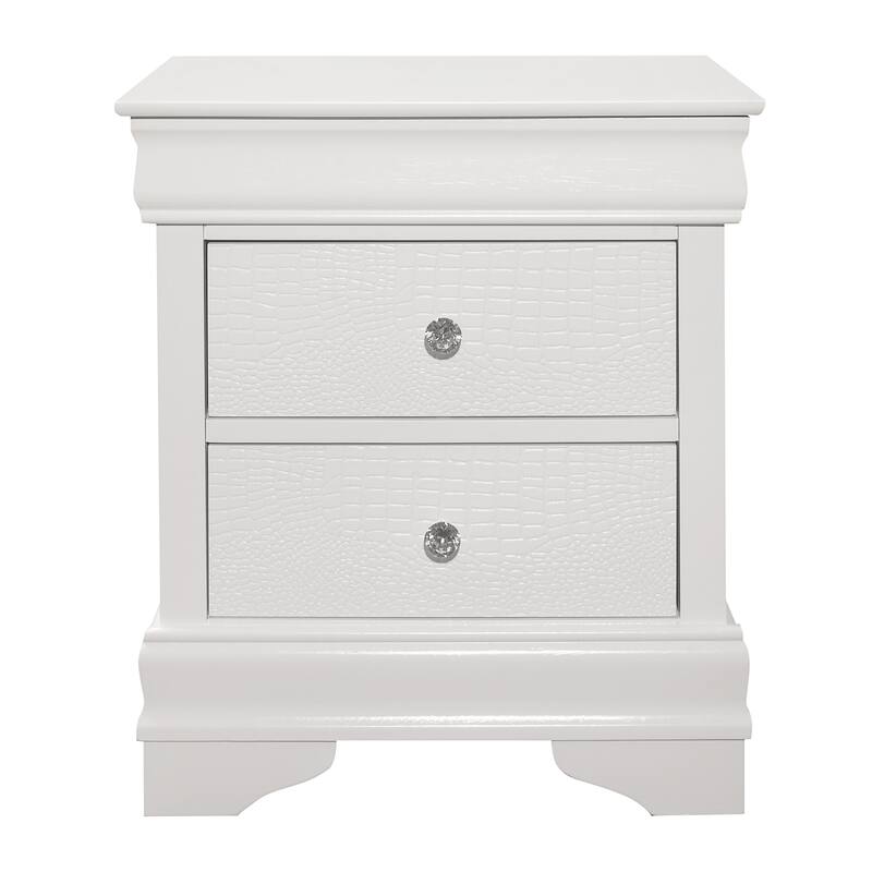 Traditional White Nightstand, 3 Drawers, Faux Alligator Embossed, Wooden