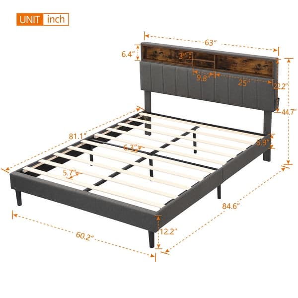 Gray Queen Size Upholstered Platform Bed w/ Storage Headboard & USB Port, Linen Fabric Storage Bed Frame for Kids Teens Adults