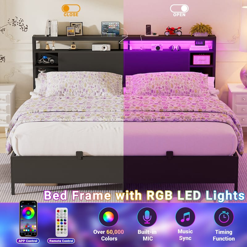 Bed Frame with Charging Station and RGB LED Lights, Sturdy Platform Bed with Storage Headboard,