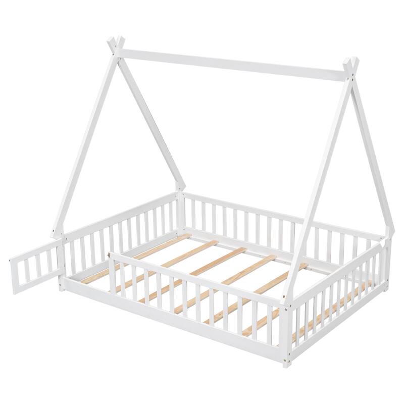 Full Size Pine Wood Tent-shaped Floor Bed, with Guardrails, Slats and Door for Kids, Boys and Girls