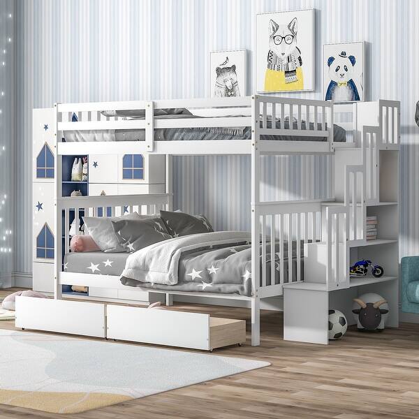 slide 2 of 9, White Full over Full Bunk Bed with 2 Drawers and Staircases, Convertible into 2 Beds White