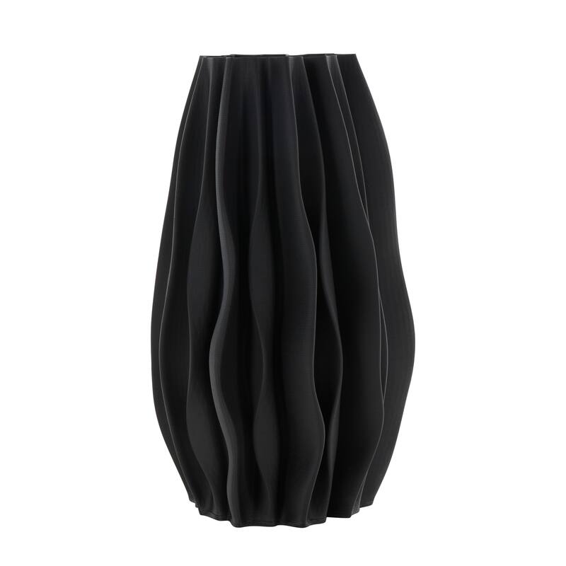 Black Ceramic Dimensional Wavy Ribbed Abstract Vase with Floral Shaped Rim