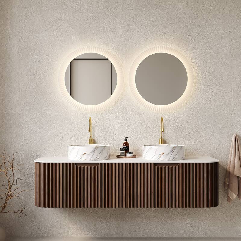 GDFStudio - Dina 60" Curved Edges Striped Bathroom Vanity with 2 White Stone Ceramic Basins, 2 Drawers, NO Faucet - Dark Walnut