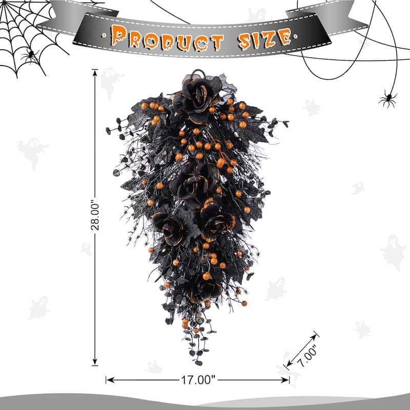 Glitzhome Halloween Black Rose Skeleton & Berry Wreath or Teardrop Swag