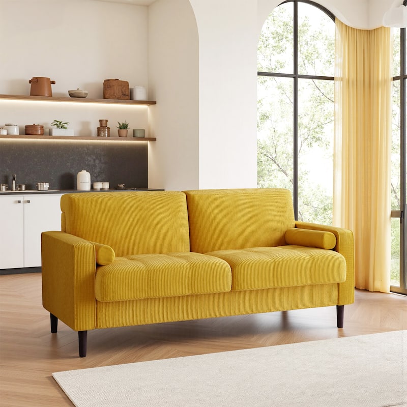 62.5'' W Corduroy Couch Upholstered Square Arm Sofa - Yellow