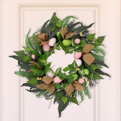 Easter Egg and Burlap Ribbon Mixed Foliage Twig Wreath 22-Inch