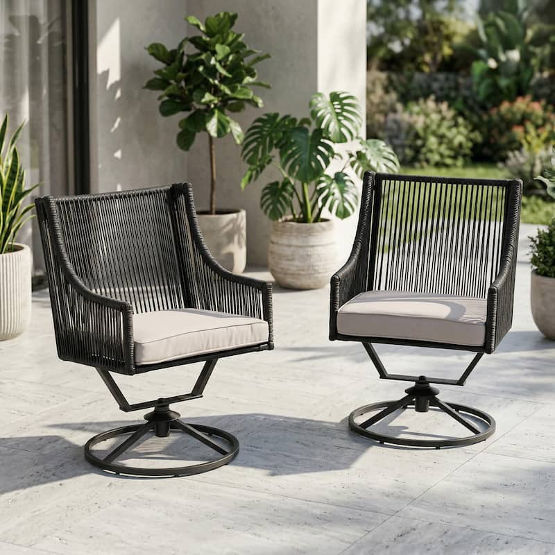 Outdoor Wicker Swivel Chairs with Cushion (Set of 2) - Black/Beige